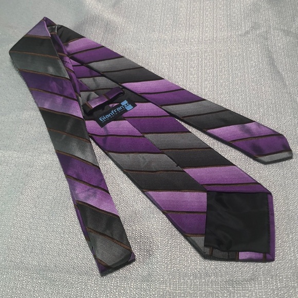 Silk Neck Tie Purple Grey Gunmetal Diagonal Striped Satiny Ombré - Picture 3 of 5